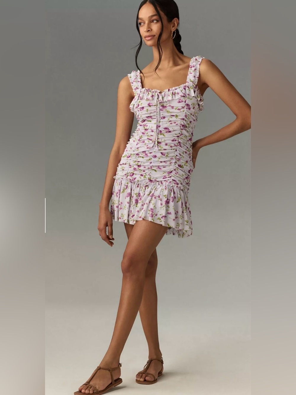NWT Anthropologie Sleeveless Square-Neck Ruched Mini Dress purple floral Large